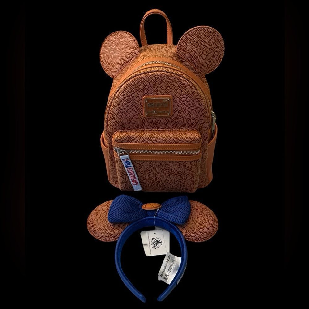 Disney Brown Faux Leather Mickey Ear Mini Backpack with Blue Bow Headband